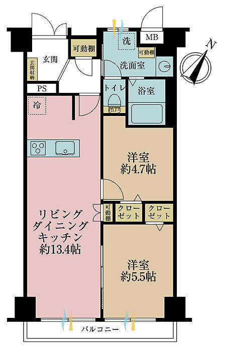 2LDK、専有面積56.7m2、バルコニー面積5.8m2
