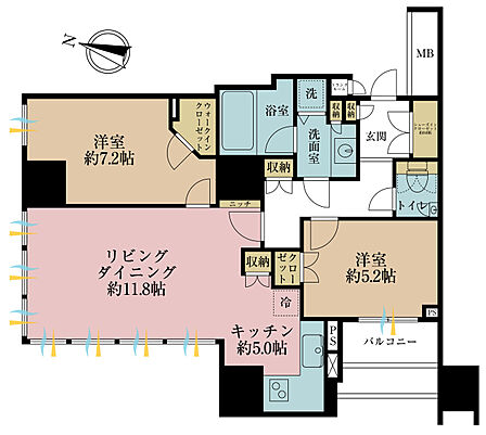 2LDK、専有面積67.95m2、バルコニー面積5.46m2