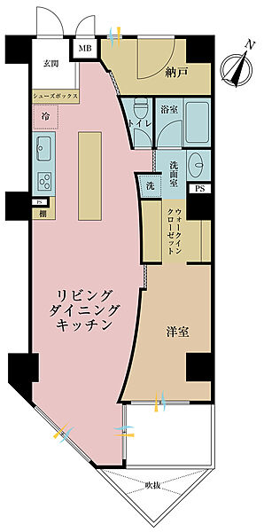 1LDK+S（納戸）、専有面積64.27m2、バルコニー面積5.15m2