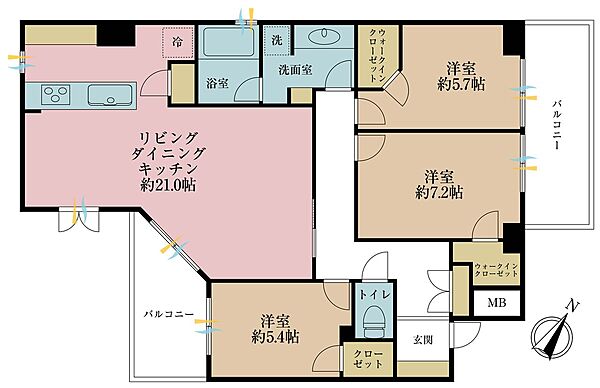 3LDK、専有面積91.52m2、バルコニー面積13.09m2