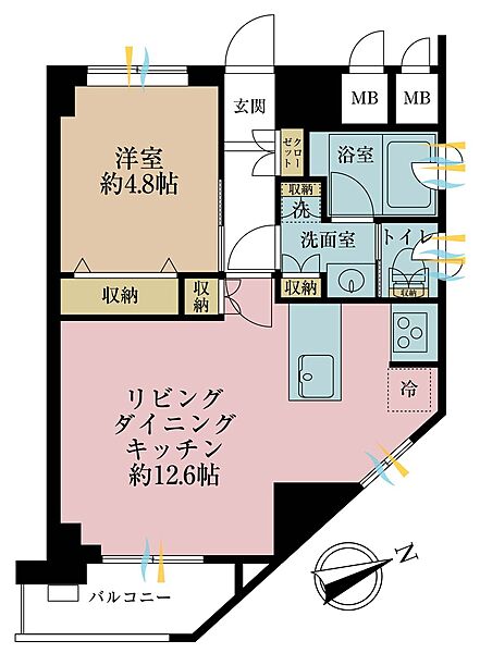 1LDK、専有面積42.3m2、バルコニー面積4.52m2
