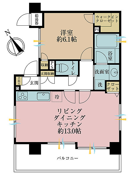 1LDK、専有面積46.88m2、バルコニー面積10.24m2