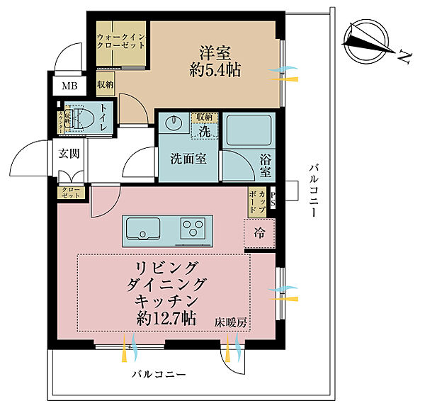 1DK、専有面積42.77m2、バルコニー面積17.64m2