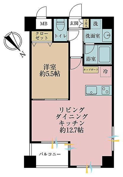 1LDK、専有面積45.65m2、バルコニー面積3.75m2