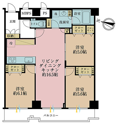 3LDK、専有面積74.65m2、バルコニー面積9.66m2
