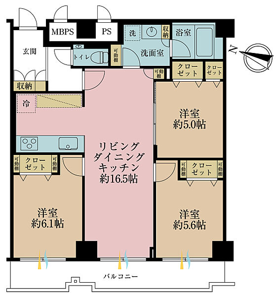 3LDK、専有面積74.65m2、バルコニー面積9.66m2