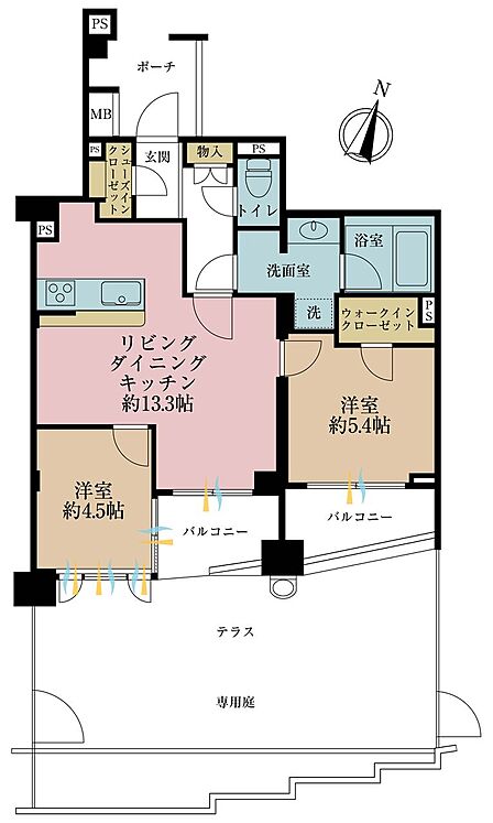 2LDK、専有面積55.31m2、バルコニー面積8.74m2