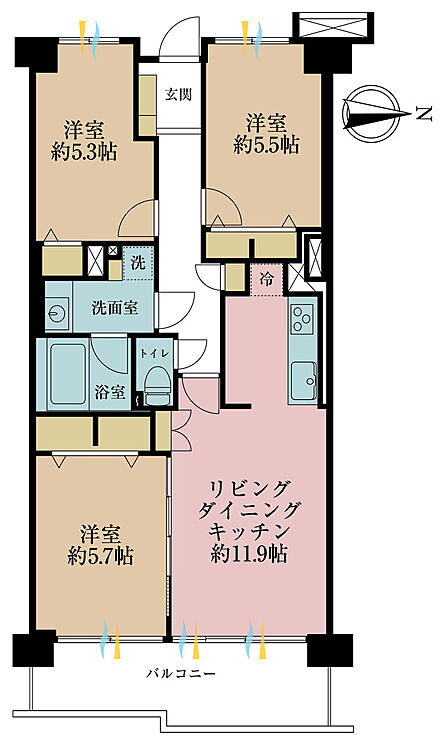3LDK、専有面積67.42m2、バルコニー面積9.05m2