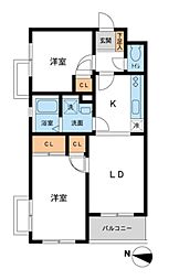 鉄飛坂マンション 3階2LDKの間取り