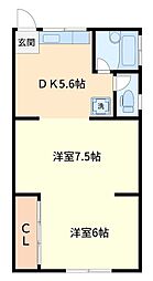 センターハウス 2階2DKの間取り
