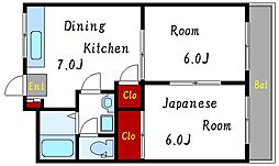 都営新宿線 船堀駅 徒歩15分の賃貸マンション 3階2DKの間取り