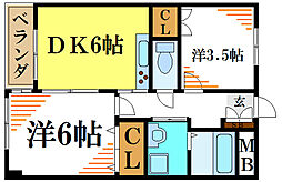 JR総武線 小岩駅 徒歩23分の賃貸マンション 2階2DKの間取り