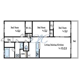 都営新宿線 船堀駅 徒歩12分の賃貸マンション 5階3LDKの間取り