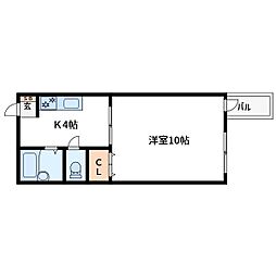 田辺コーポ 2階1Kの間取り