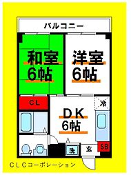 パークサイド関 3階2DKの間取り