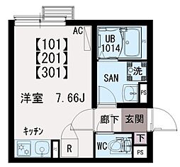東京メトロ千代田線 町屋駅 徒歩18分の賃貸マンション 3階ワンルームの間取り