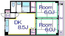 つくばエクスプレス 六町駅 徒歩6分の賃貸マンション 3階2DKの間取り