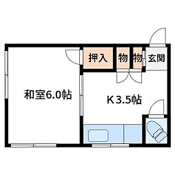 中里荘B棟 2階1Kの間取り