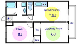 グレイシス王子B棟 1階2DKの間取り