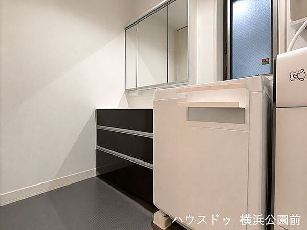自然光が入る窓付きの明るい洗面空間。三面鏡裏や引出し収納に加え、隙間を活かせる収納部を完備しています。洗剤ストックやタオルなど、毎日使うものをサッと手に取れる位置にまとめられる機能的な設計です。