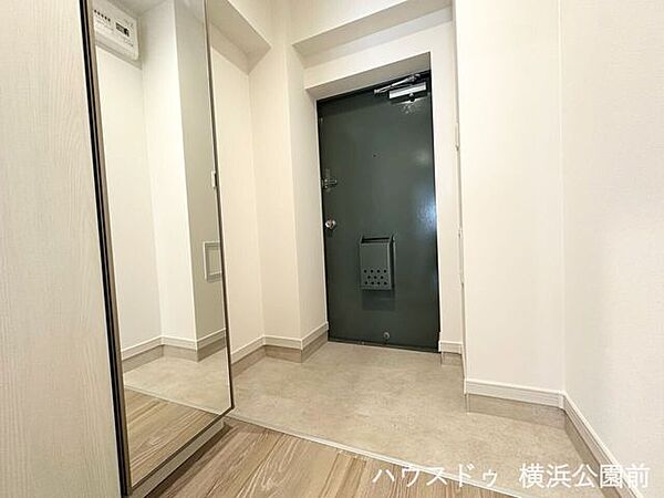 お出かけ前の身だしなみチェックに便利な大型の姿見付き。無駄のないすっきりとしたシンプルな造りで、毎日の出入りがスムーズに行える実用的な空間です。