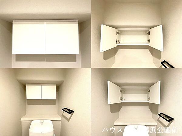吊戸棚とカウンターが設置してあります。トイレ用品をストックしておけます。