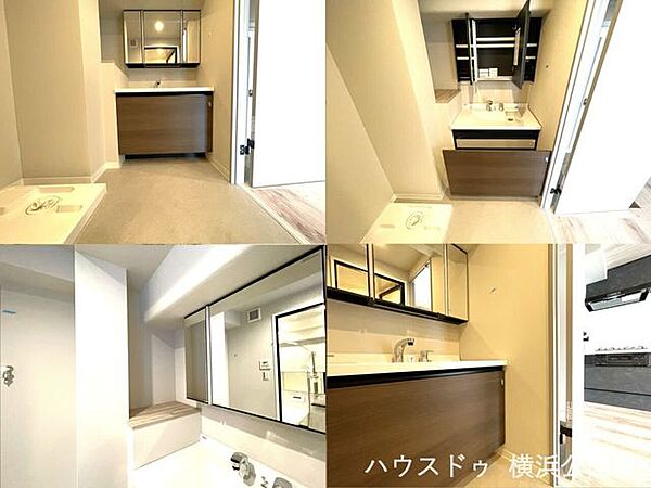 洗面台も収納部付きです。小型のカウンターも付いていますので、水回りの消耗品をストックしておけます。