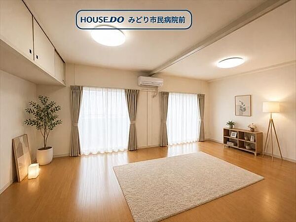 ゆとりあるLDK。明るく開放的な空間です。※実際の写真に家具や調度品をCG合成したものです。家具等は販売に含まれておりません。