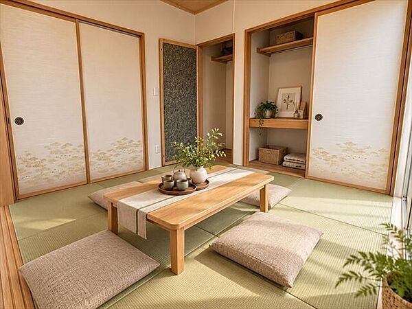 落ち着いた雰囲気の和室。客間やくつろぎの空間として幅広く活用できます。※実際の写真に家具や調度品をCG合成したものです。