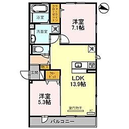 アンソレイエＢ棟 1階2LDKの間取り