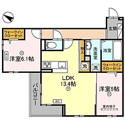 パサログランデ上野芝 2階2LDKの間取り