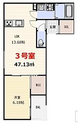 アネッサ堺東 2階1LDKの間取り
