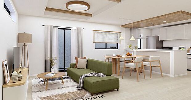 【リビング】家族が自然と集まる心地よいリビング。陽当たり良好で開放的。くつろぎの時間を演出します。※イメージパース