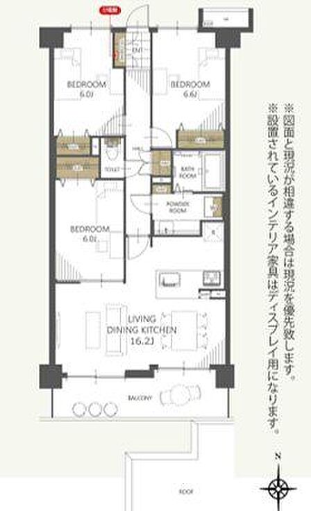 【間取り図】3LDK、専有面積78.56m2、バルコニー面積11.60m2