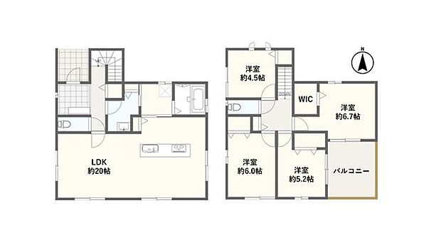 【間取り図】(1号棟)4LDK、土地面積202.35m2、建物面積114.27m2