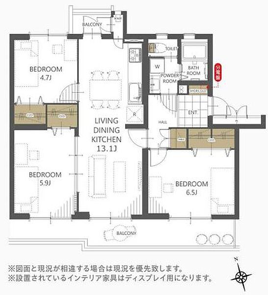 【間取り図】3LDK、専有面積67.28m2、バルコニー面積14.87m2