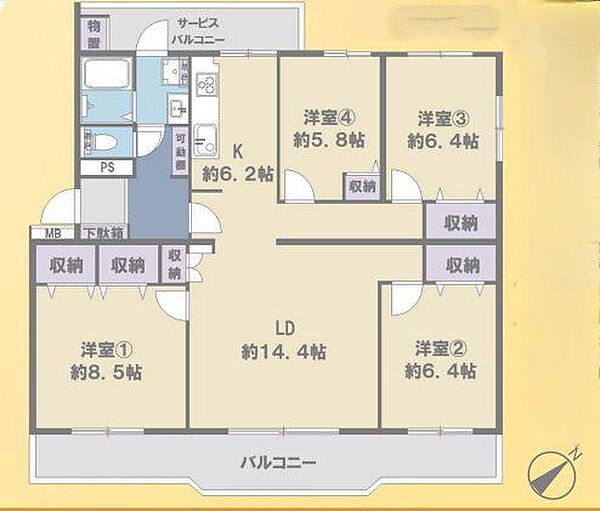 【間取り図】4LDK、価格1780万円、専有面積101.37m2、バルコニー面積21.70m2