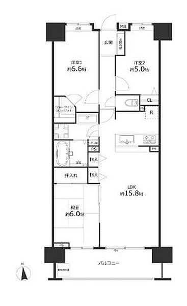 【間取り図】3LDK、専有面積72.60m2、バルコニー面積10.20m2