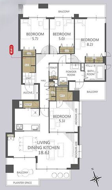 【間取り図】4LDK+WIC+SIC、専有面積101.35m2、バルコニー面積34.77m2