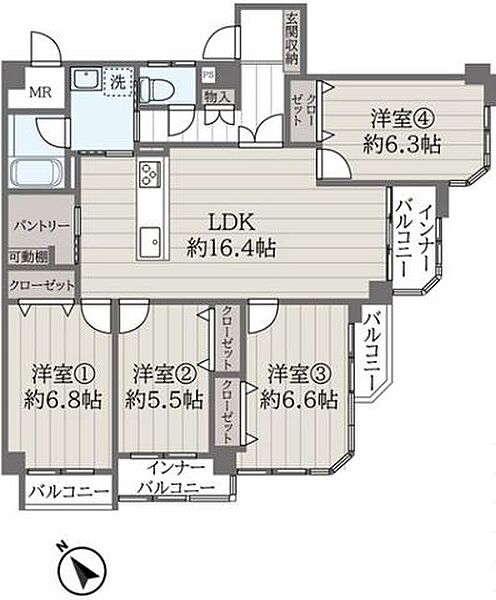 【間取り図】4LDK、専有面積103.73m2、バルコニー面積80.96m2