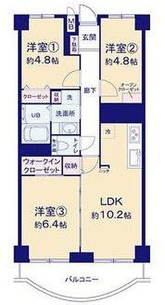 【間取り図】3LDK、専有面積58.43m2、バルコニー面積8.02m2