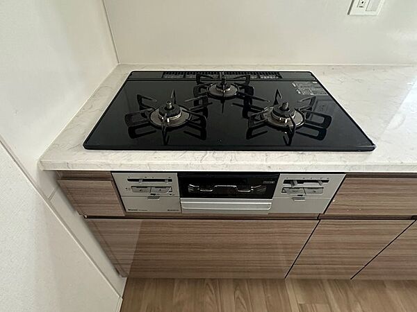グリル付き3口ガスコンロが採用されているため、同時調理が可能です。グリルも搭載されています。