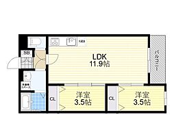 阪急千里線 豊津駅 徒歩8分の賃貸アパート 3階2LDKの間取り