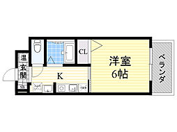 阪急京都本線 上新庄駅 徒歩8分の賃貸マンション 2階1Kの間取り