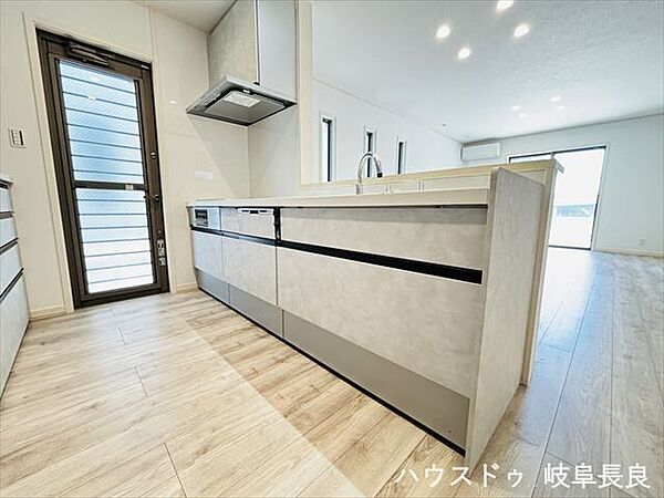 調理スペースから外へ出られる勝手口付きのシステムキッチンです。ゴミ出しや換気がスムーズで、家事の効率が格段にアップ。機能性と動線に配慮した快適なキッチンです。