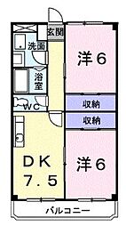ビューセジュールK 2階2DKの間取り