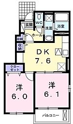 ブランシュ　プロスペレB 1階2DKの間取り