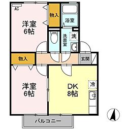 セジュール新市　Ｂ棟 2階2DKの間取り