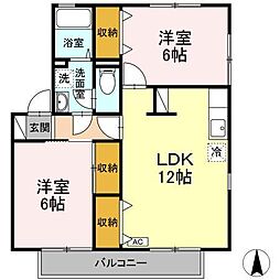 ラポール日吉台A 2階2LDKの間取り