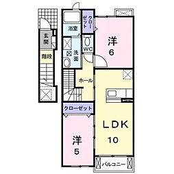 JR福塩線 駅家駅 徒歩10分の賃貸アパート 2階2LDKの間取り